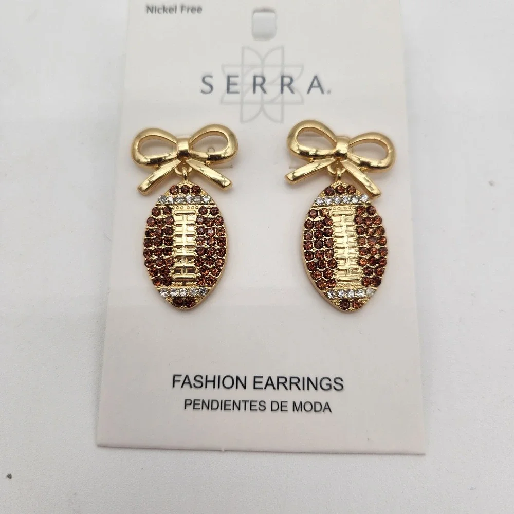 New SERRA Bow Football Earrings Brown Rhinestone Gold Tone‎ Fashion Jewelry NEW
